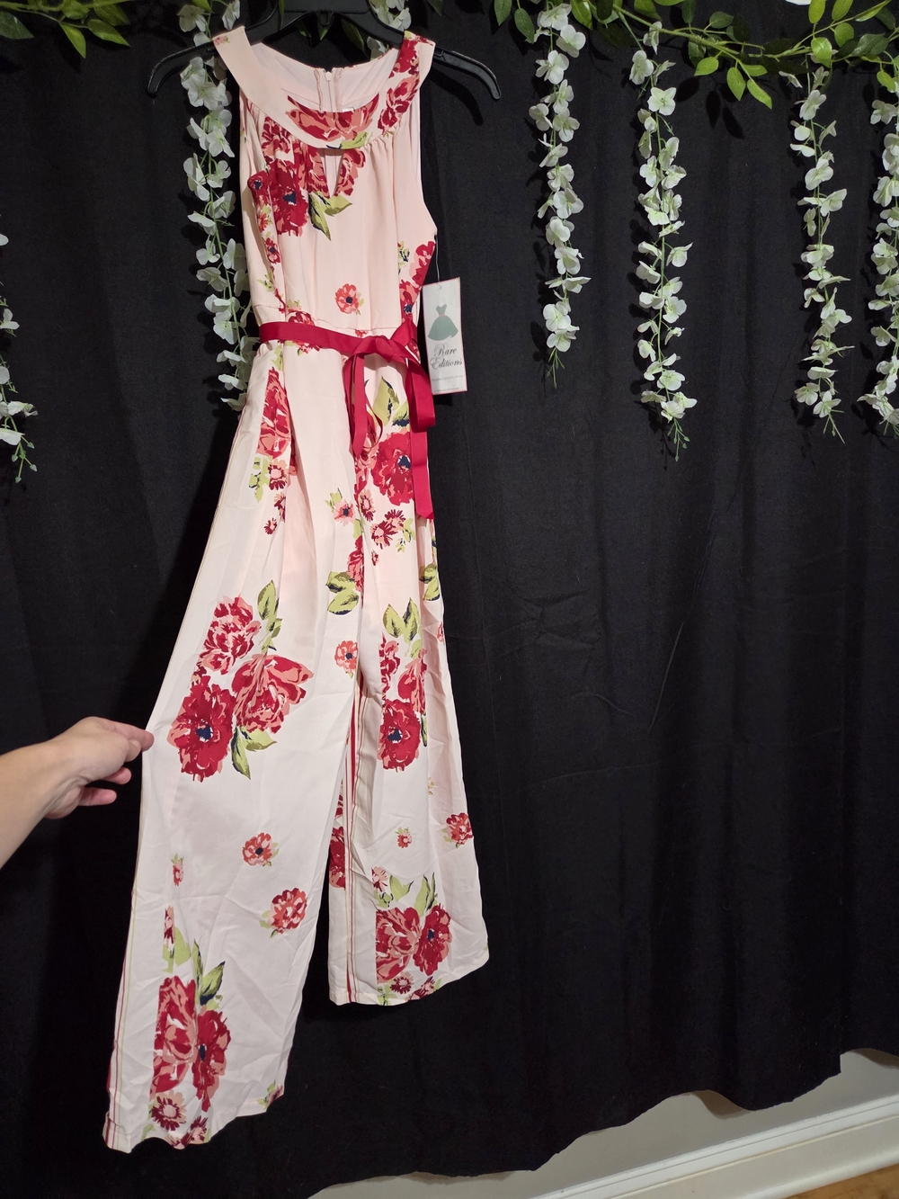 Rare Editions Pink Jumpsuit with Red Floral Print and Belt